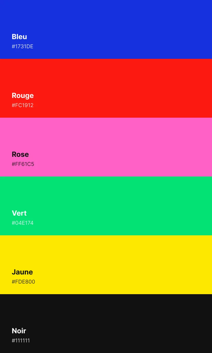 Palette Moiré : bleu, rouge, rose, vert, jaune et noir.