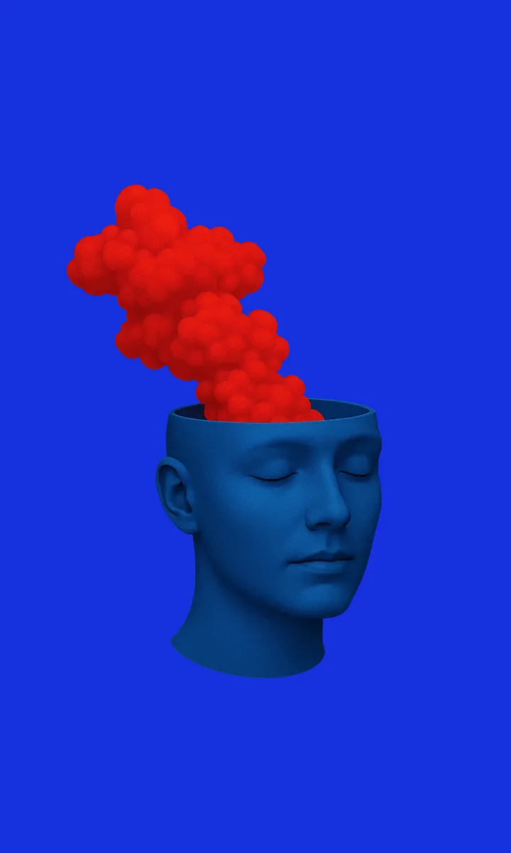 Illustration Moiré : une tête bleue d’où s’échappe un nuage rouge, sur fond bleu.