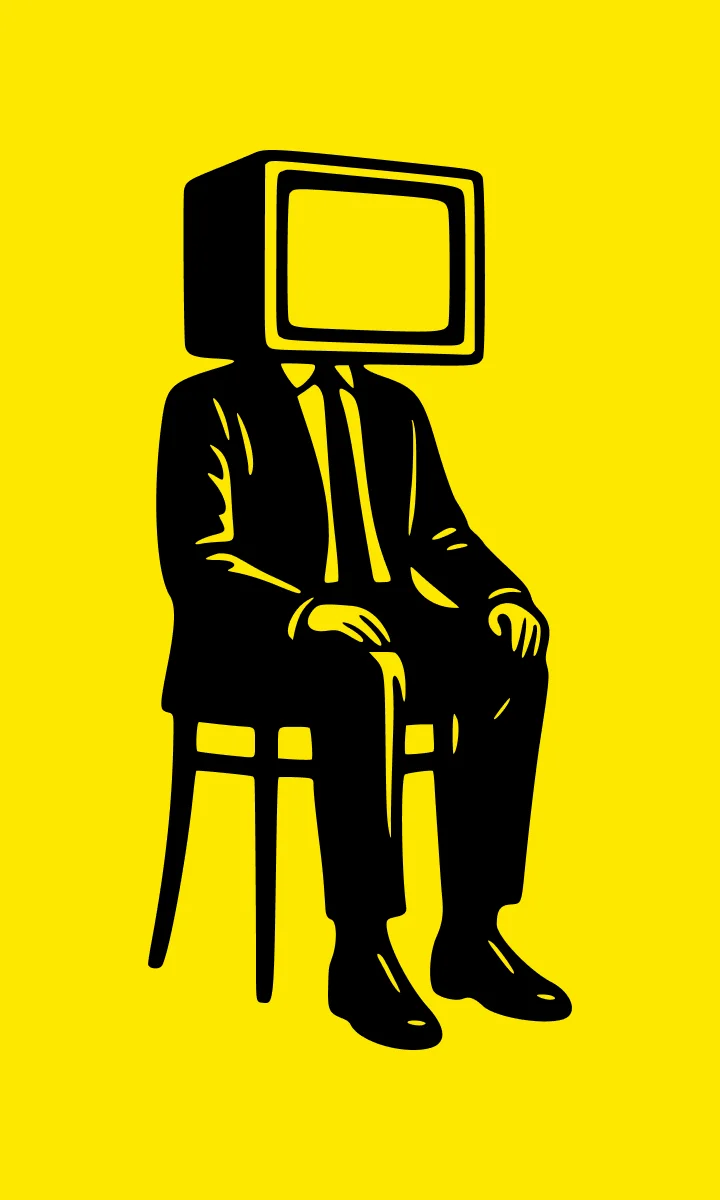 Illustration Moiré au trait : un homme assis à tête de téléviseur, sur fond jaune.