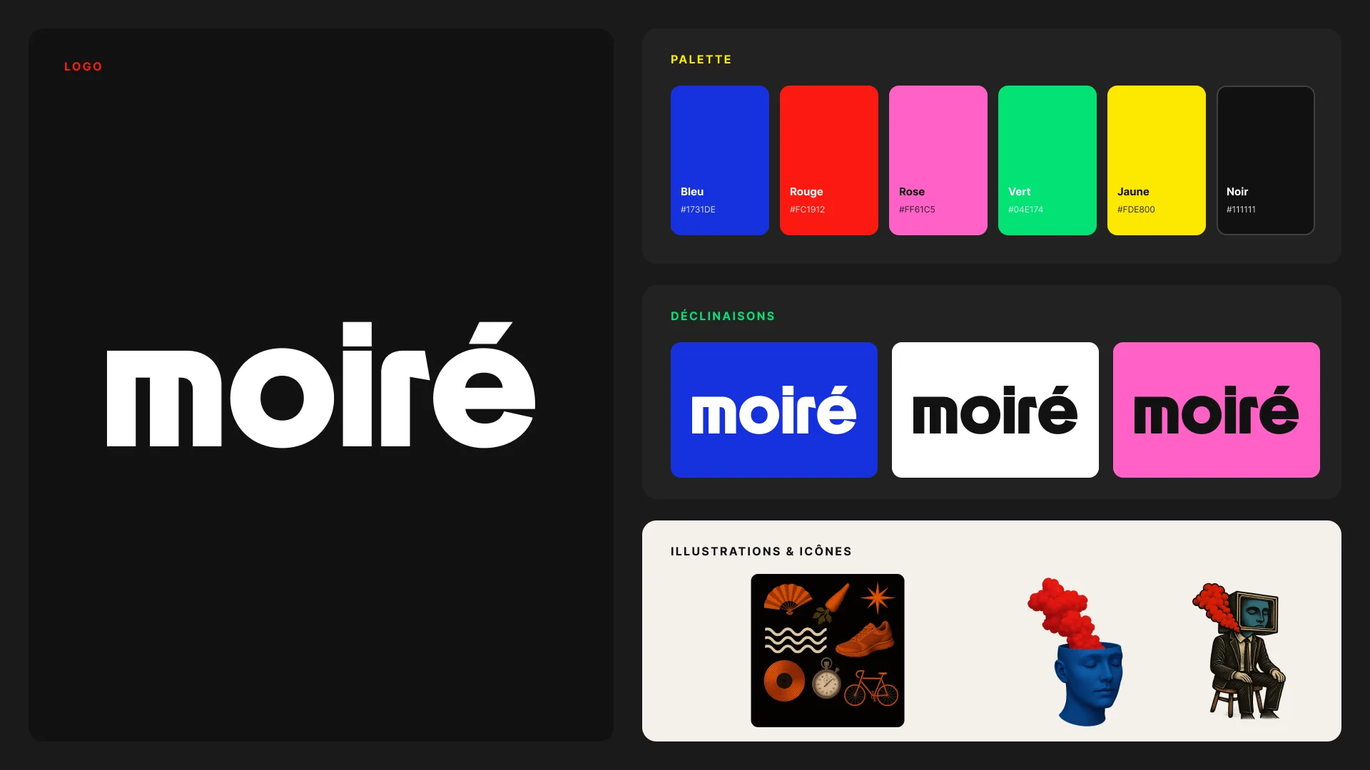 Planche Moiré : logo blanc sur noir, palette bleu, rouge, rose, vert, jaune et noir, déclinaisons du logo, illustrations et icônes.