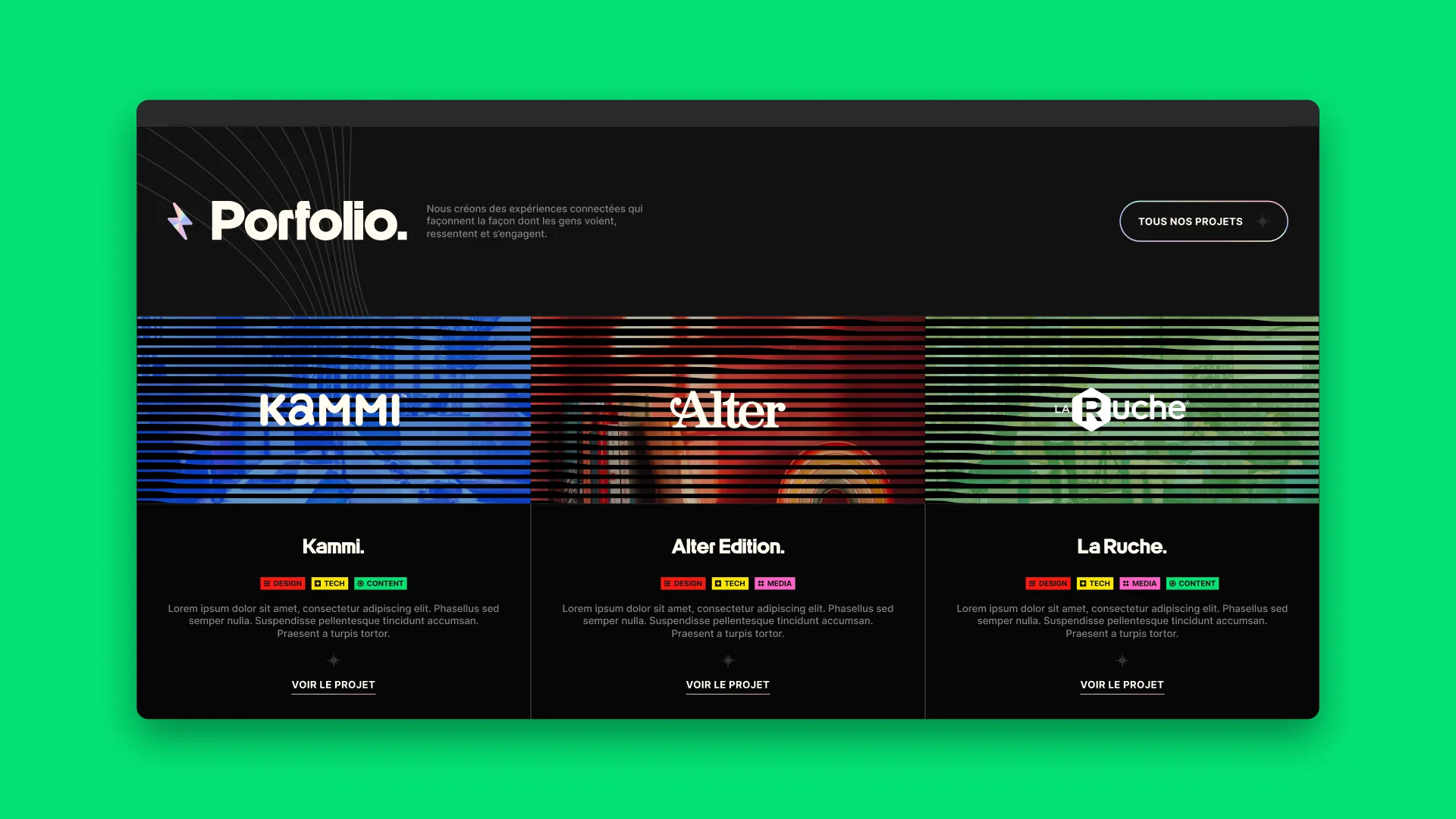 Section Portfolio du site Moiré : Kammi, Alter Édition et La Ruche.