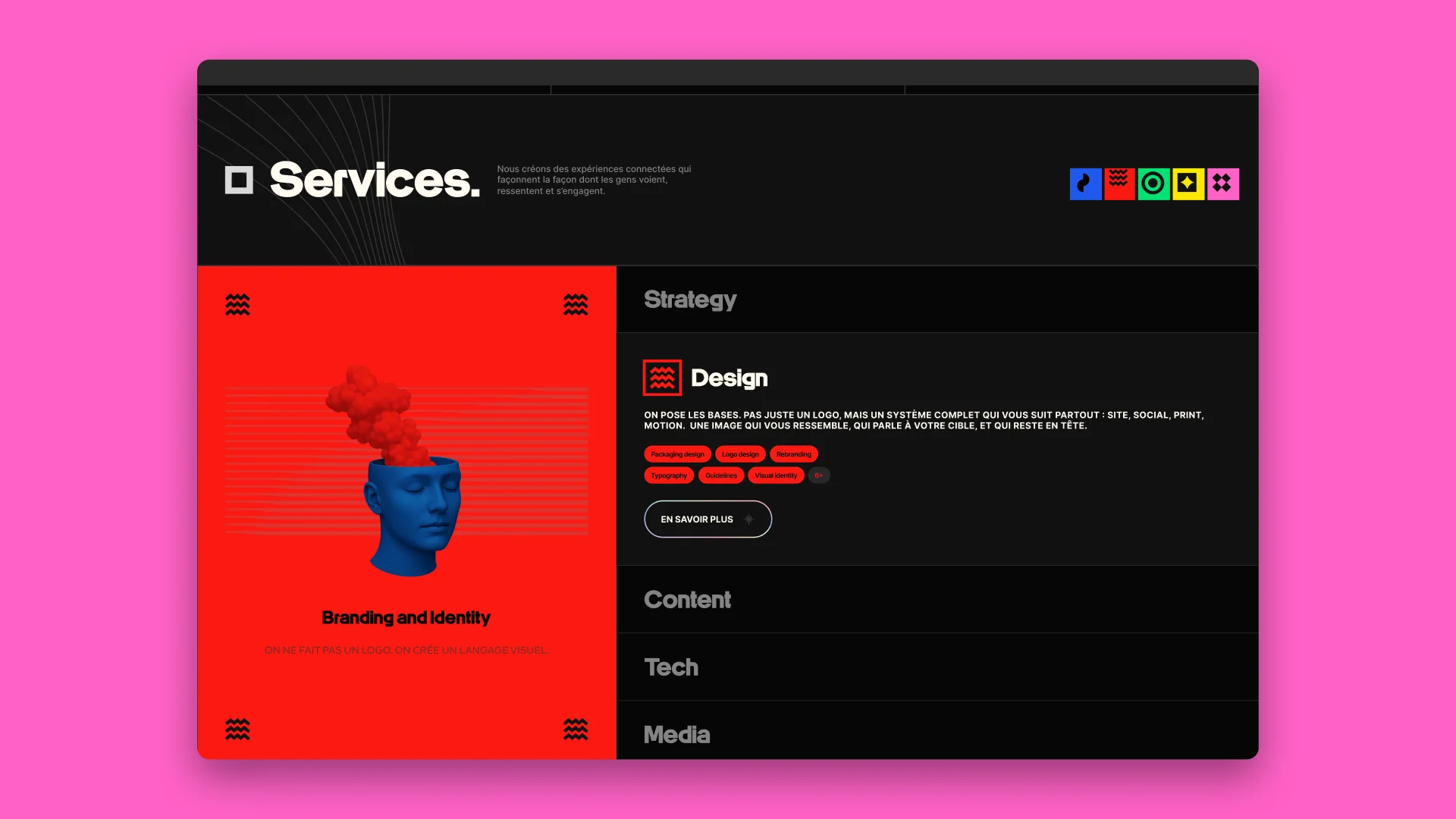 Page Services du site Moiré : la tête bleue illustrée et la liste Strategy, Design, Content, Tech, Media.