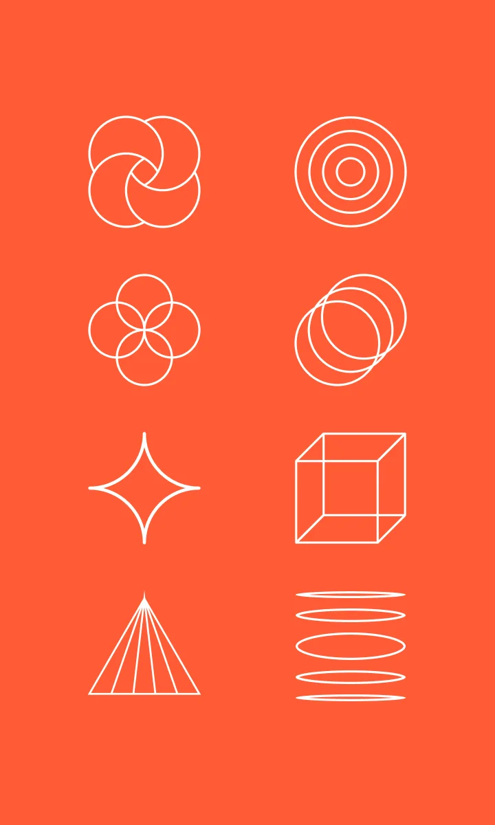 Huit pictogrammes Opleo en traits blancs sur fond orange : cercles entrelacés, étoile, cube, pyramide.