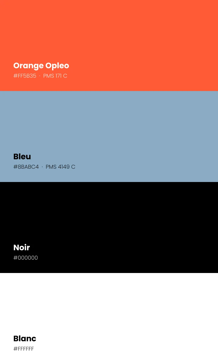 Palette Opleo : orange Opleo, bleu, noir et blanc.