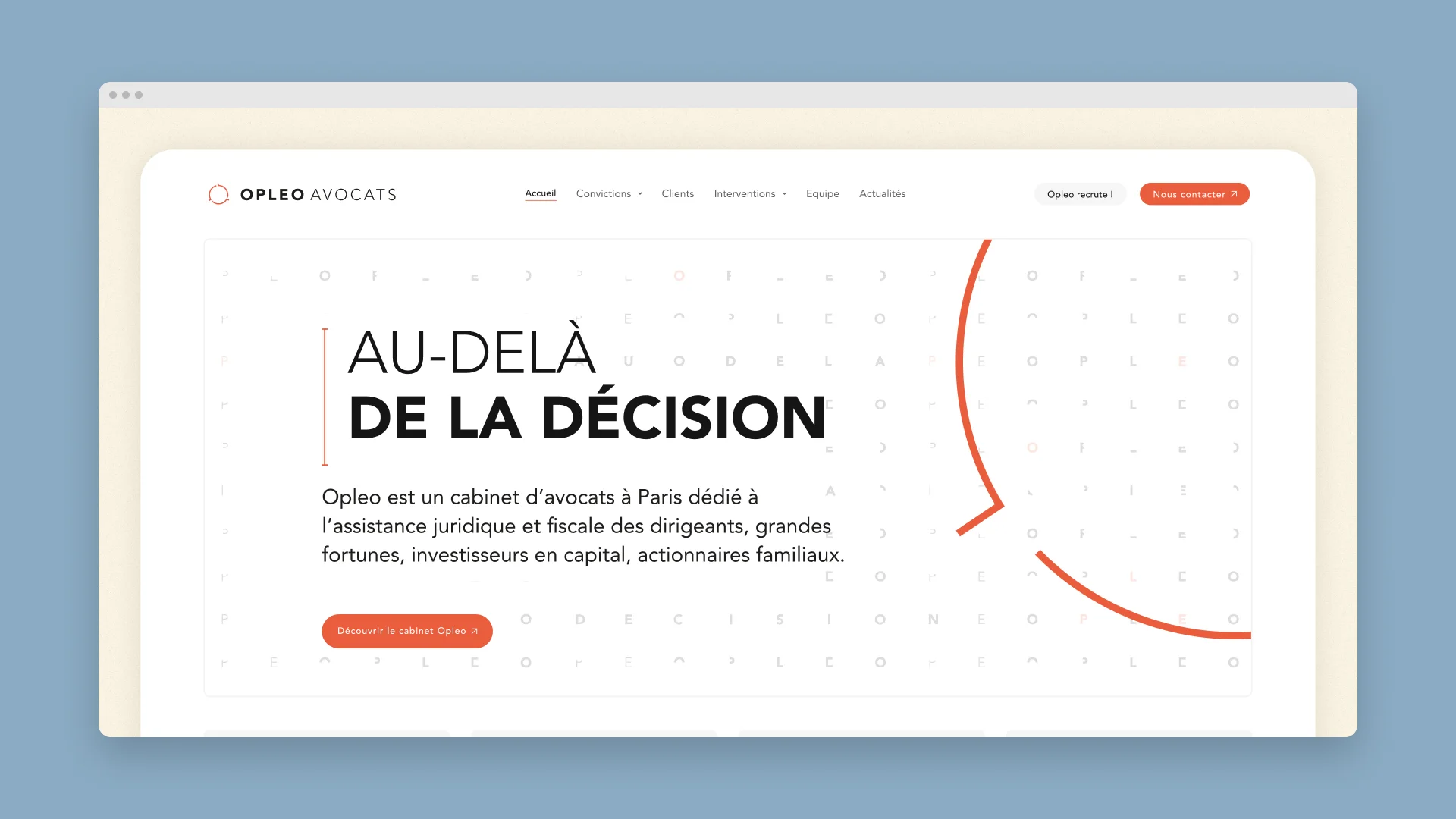 Accueil du site Opleo dans un navigateur : « Au-delà de la décision ».