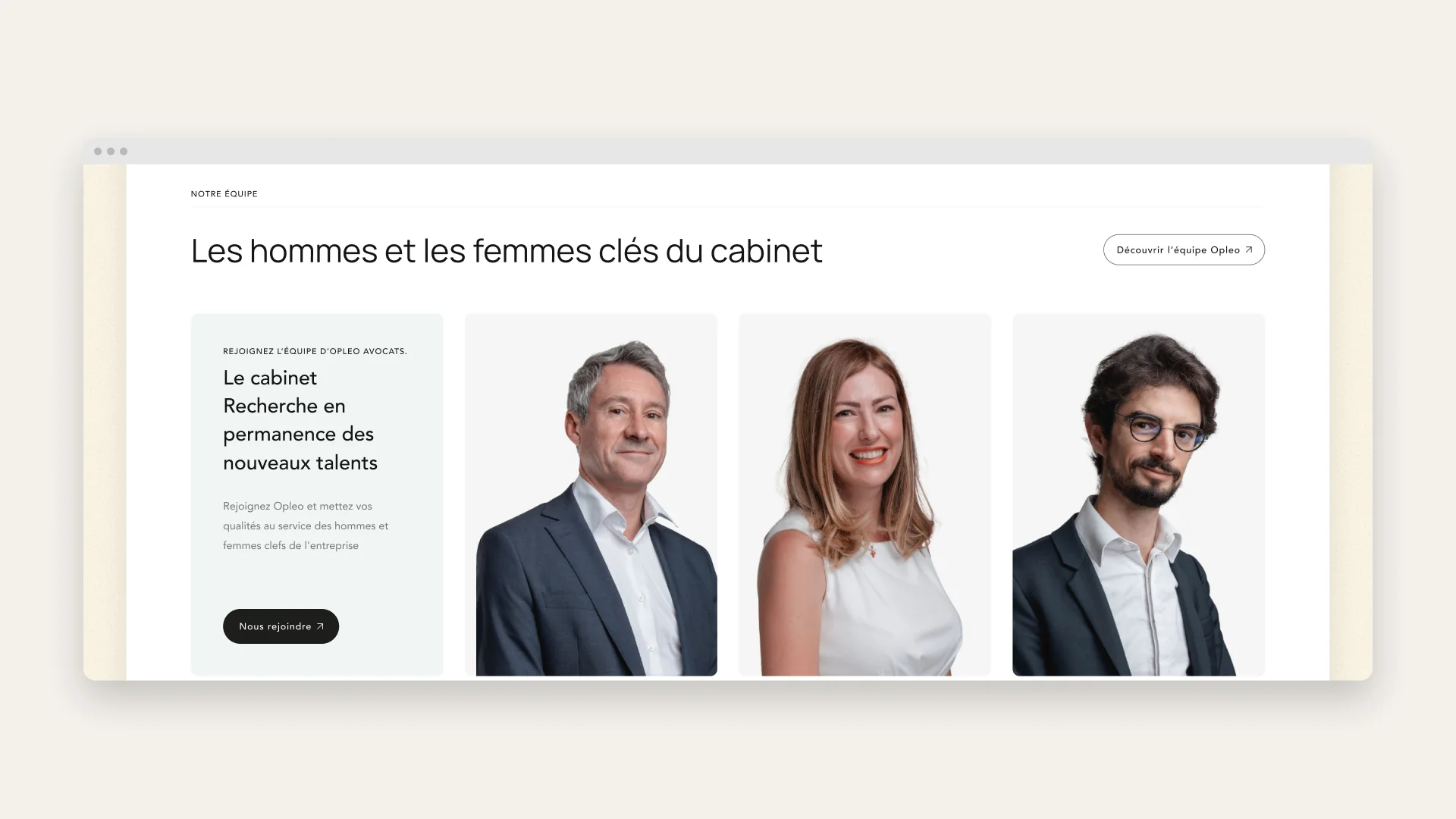 Section « Les hommes et les femmes clés du cabinet » du site Opleo, avec les portraits de l’équipe.