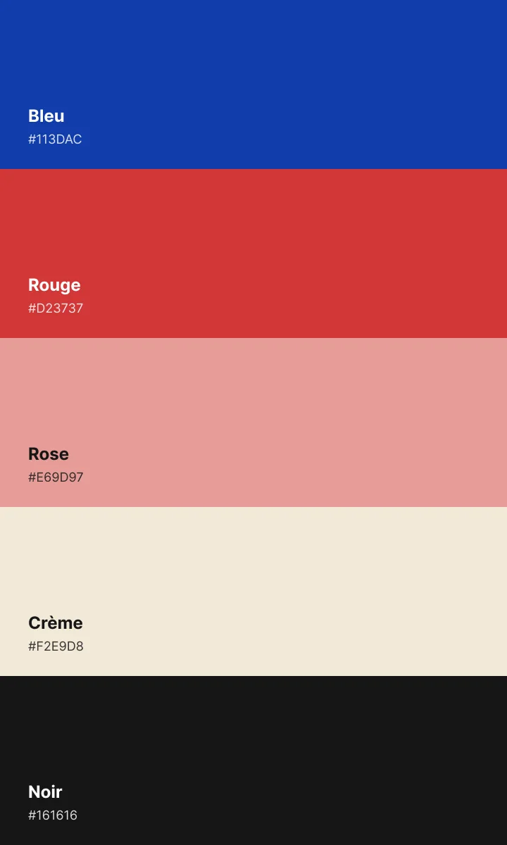 Palette The Picnic Club : bleu, rouge, rose, crème et noir.