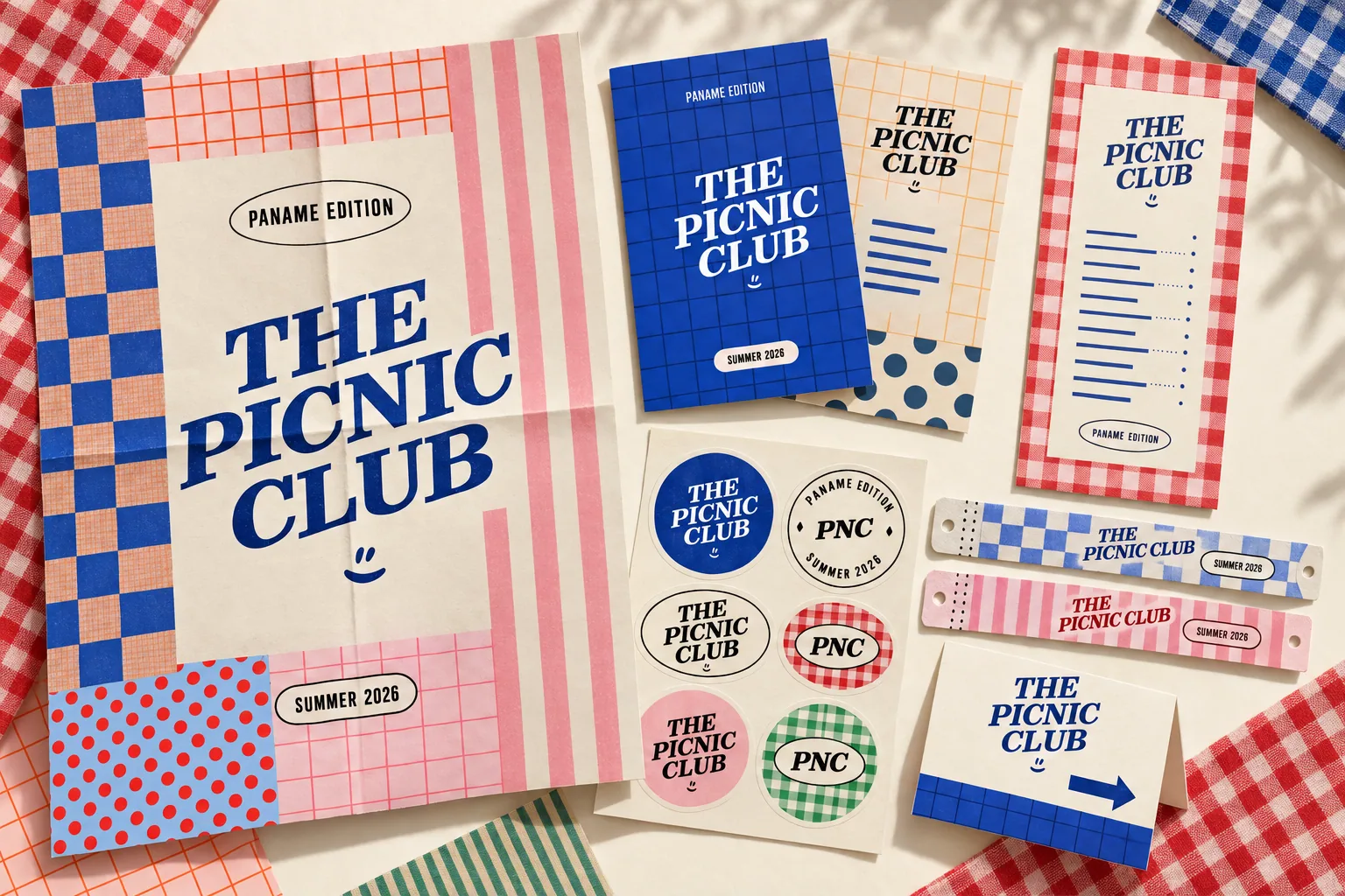 Déclinaisons The Picnic Club sur affiche, flyers, menu, stickers, billets et signalétique.