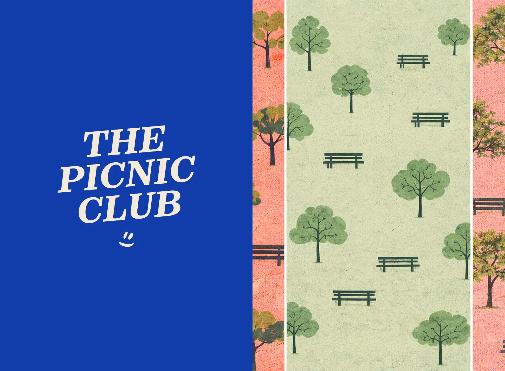 Logo The Picnic Club sur fond bleu à côté d’un motif d’arbres et de bancs.