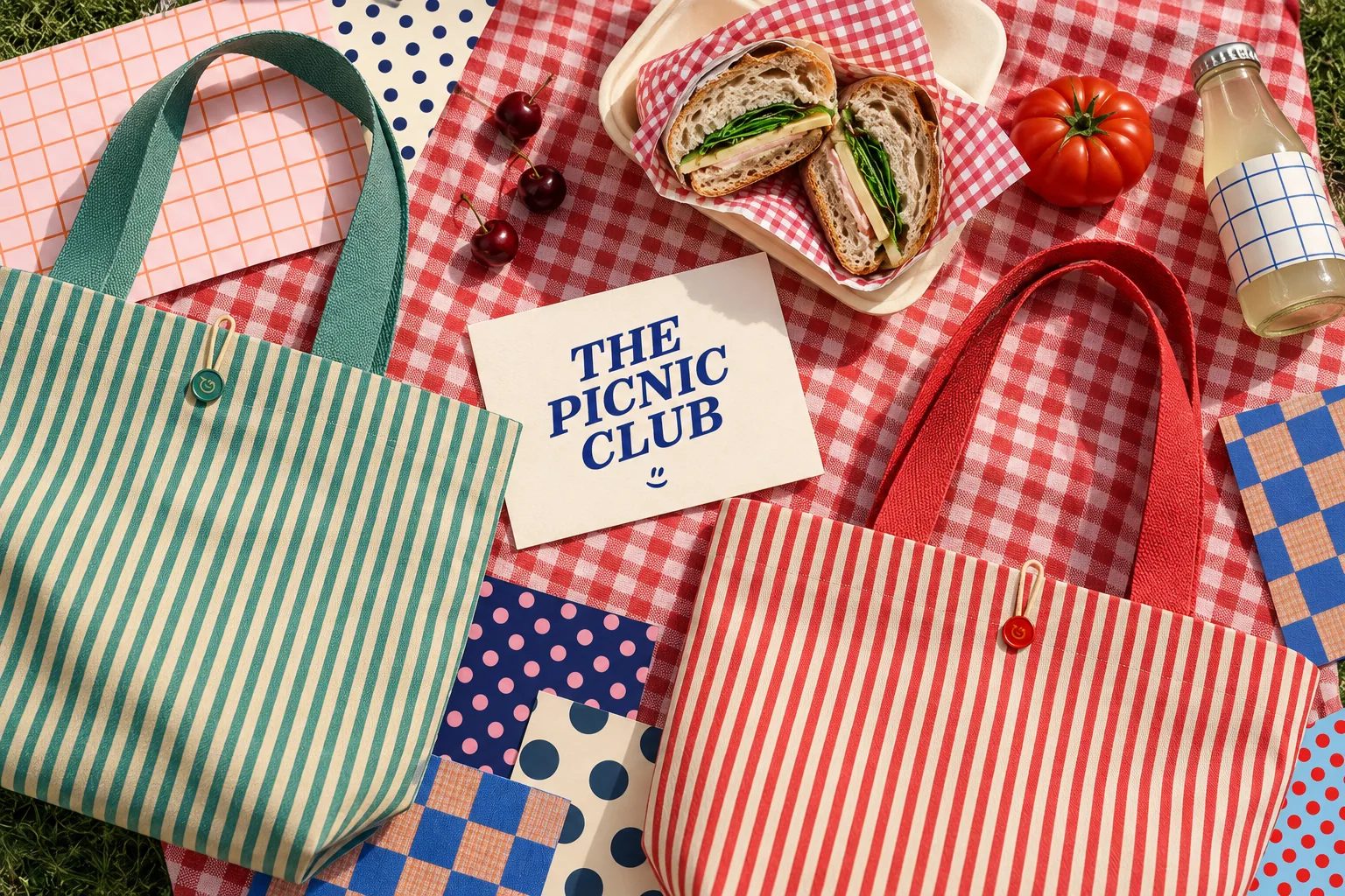 Univers graphique The Picnic Club avec motifs, sacs rayés et éléments de pique-nique.