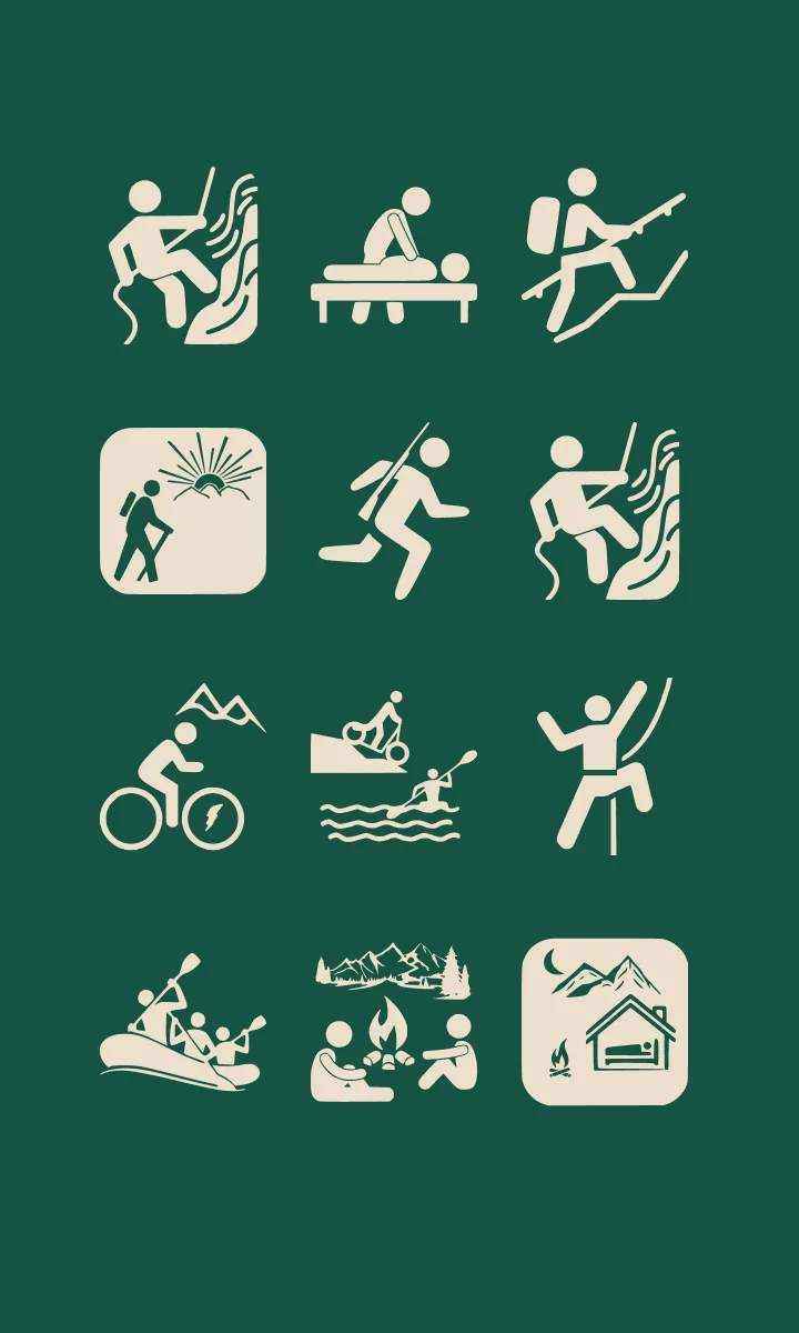 Pictogrammes d’activités de montagne crème sur fond vert : escalade, massage, VTT, rafting, feu de camp…