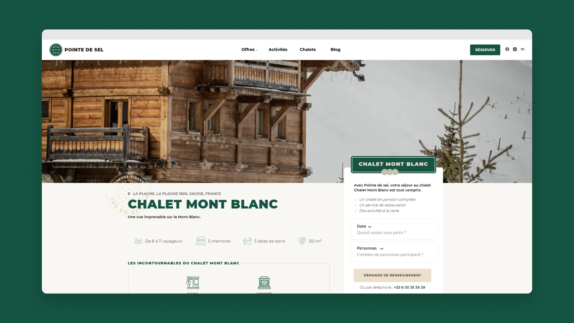 Maquette de la fiche du Chalet Mont Blanc sur le site Pointe de Sel.