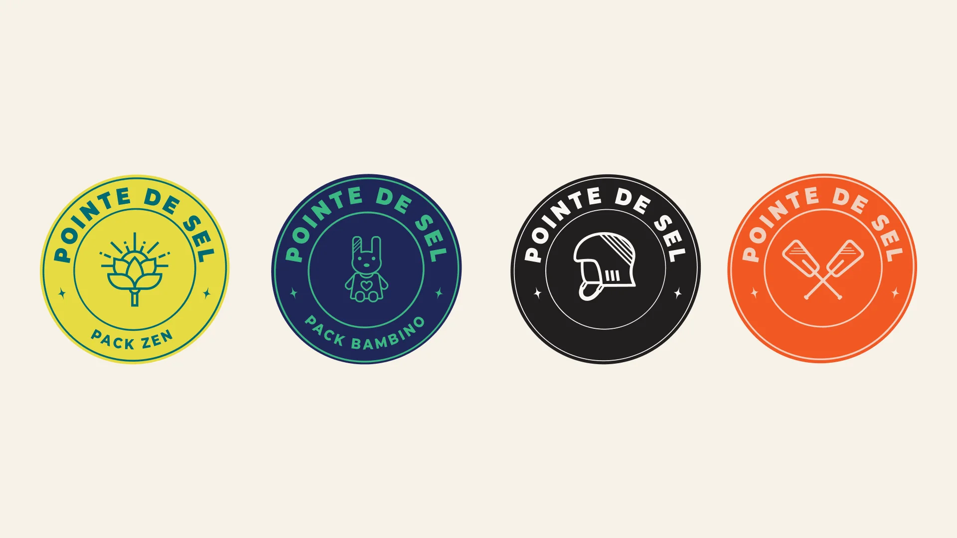 Badges des packs Pointe de Sel : Pack Zen, Pack Bambino et deux autres badges à pictogramme.