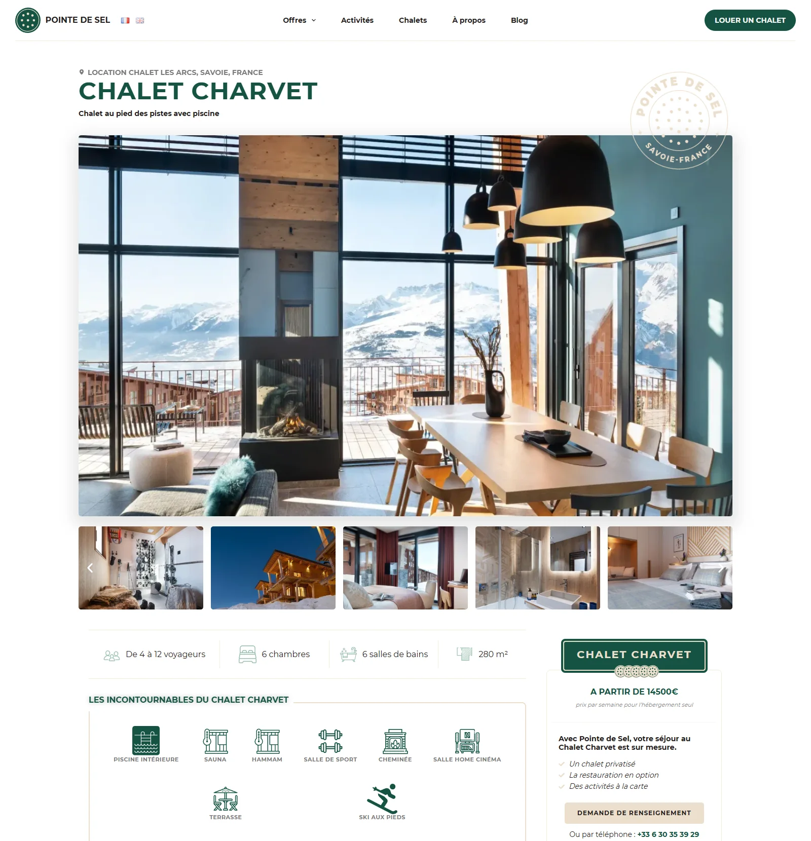 Haut de la fiche du Chalet Charvet sur le site en ligne : photos, capacité, équipements et demande de renseignement.