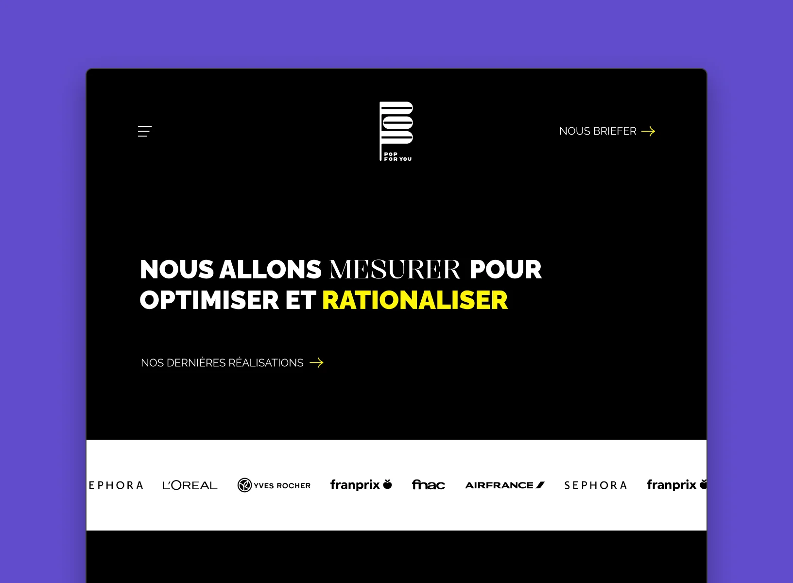 Accueil du site Pop for You dans un navigateur, sur fond violet : titre et bandeau de logos clients.