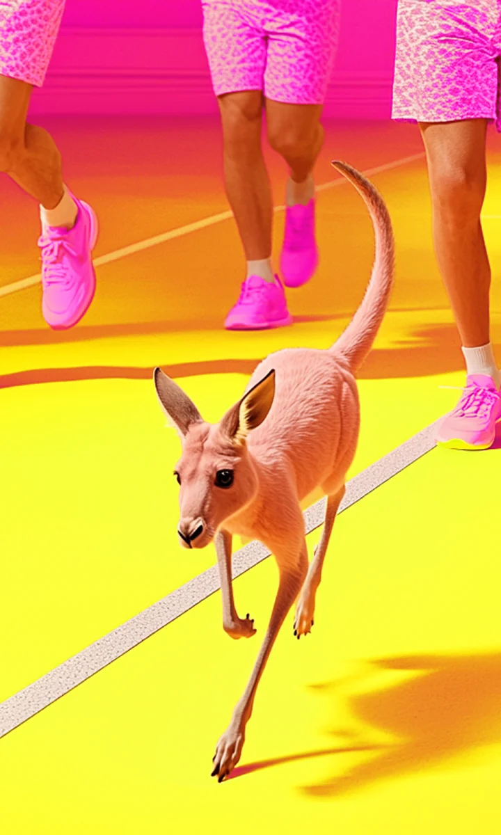 Visuel Pop for You : un kangourou rose sur une piste jaune, entre des coureurs en baskets roses.
