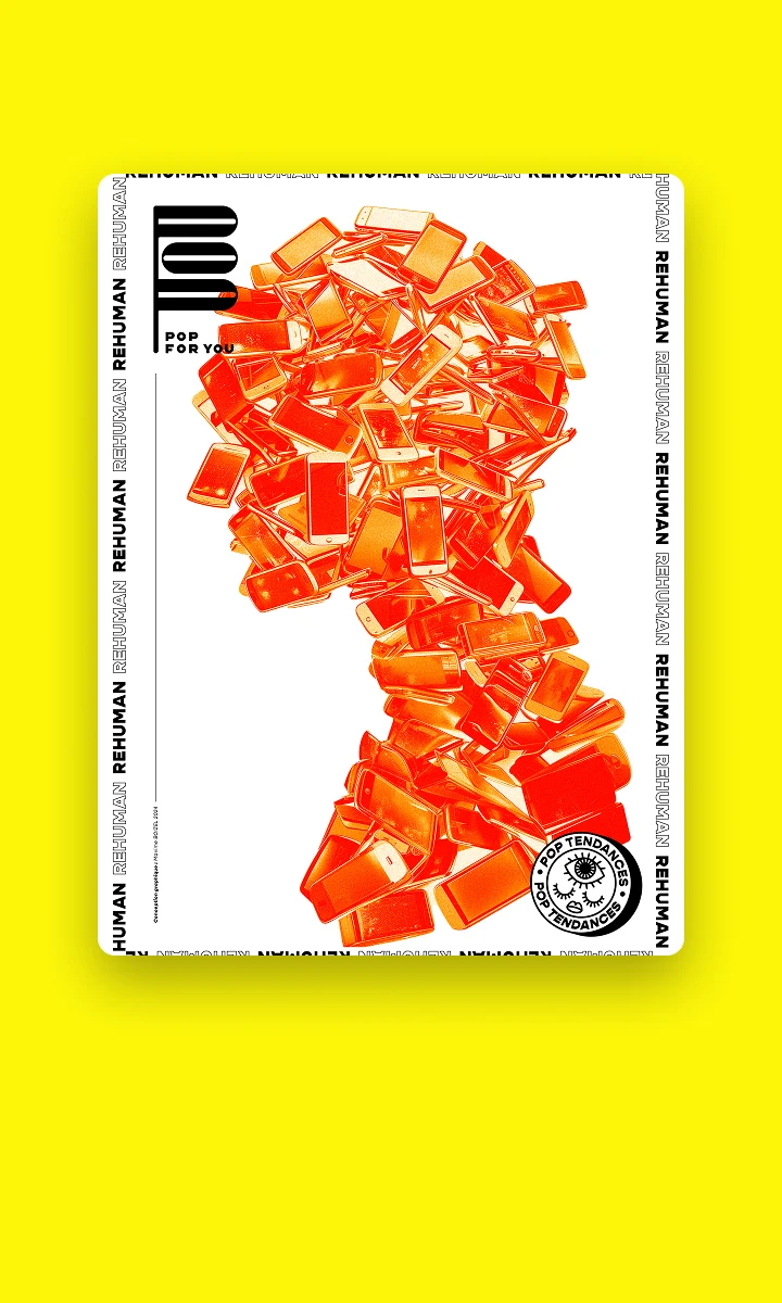 Affiche Pop Tendances « Rehuman » : une silhouette composée de téléphones orange, sur fond jaune.