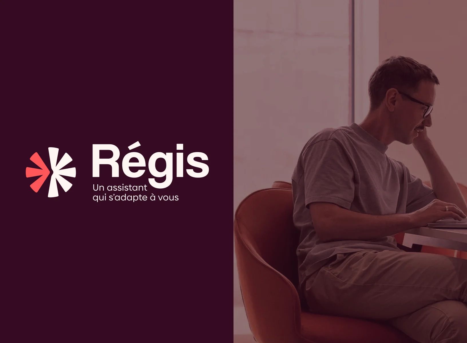 Logo Régis et sa signature « Un assistant qui s’adapte à vous » sur fond prune, à côté d’une photo d’usage teintée.