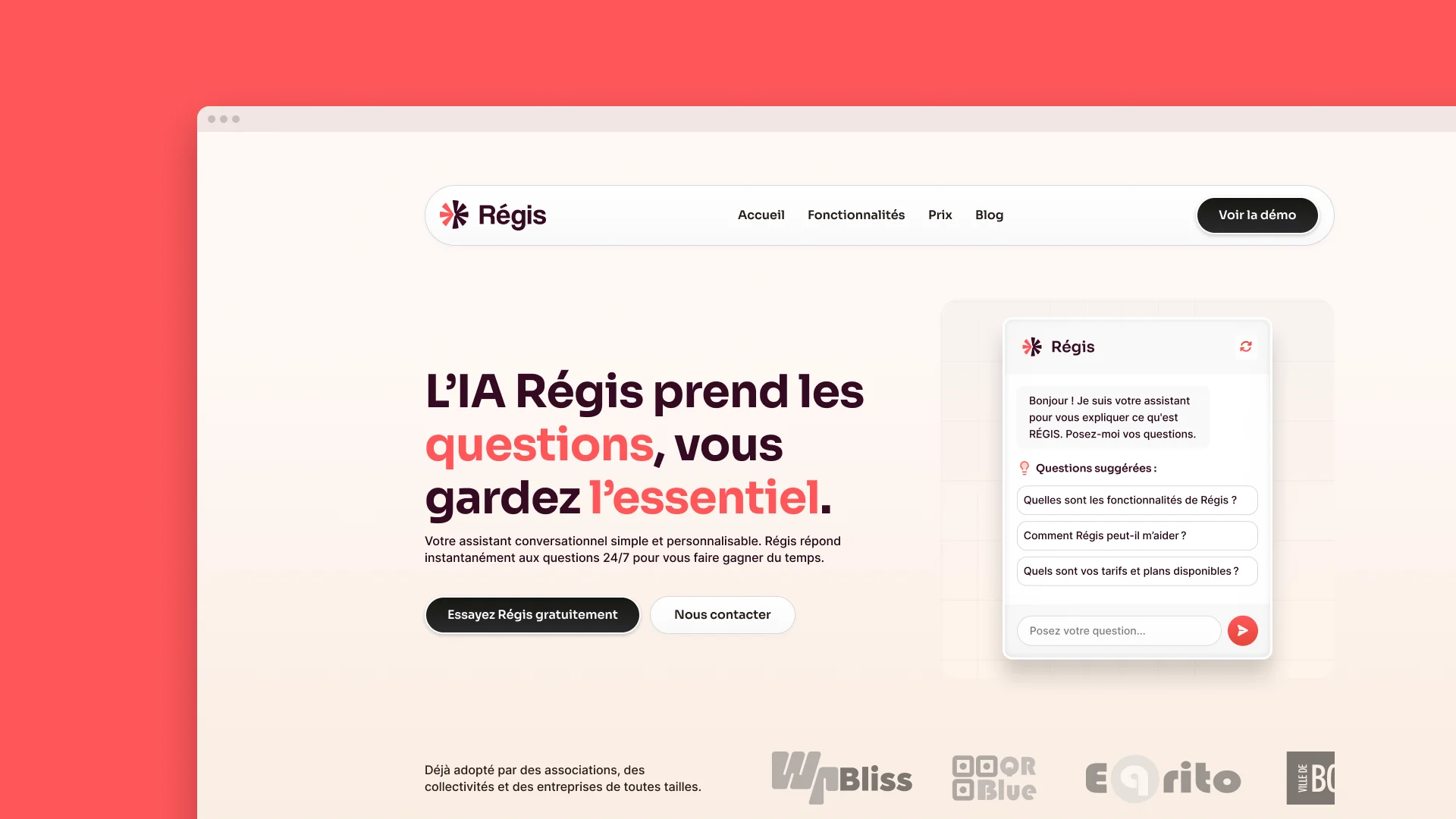 Accueil du site Régis dans un navigateur : titre et fenêtre de conversation avec l’assistant.