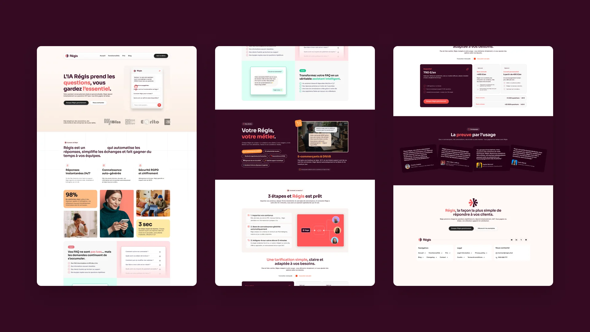 Trois pages du site Régis : accueil, usages et tarifs, témoignages.