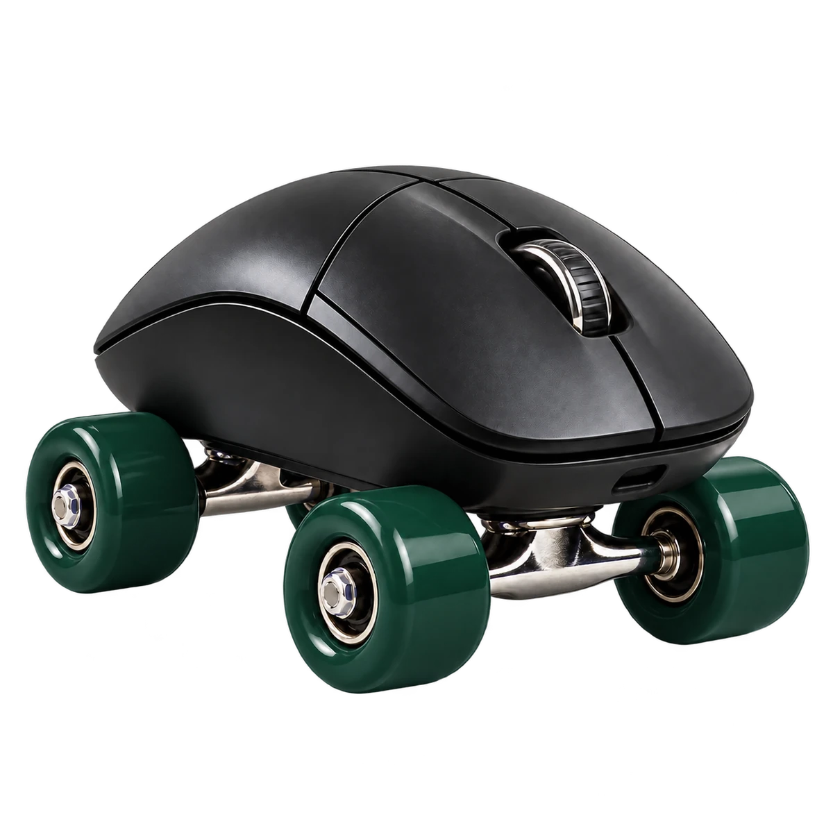 Une souris montée sur des roues de skateboard vert foncé.